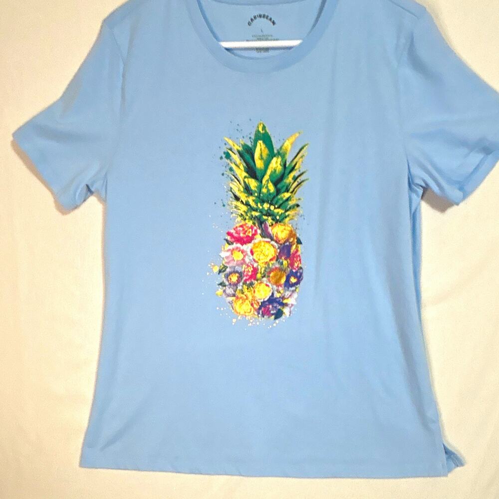 Caribbean Mens Tropical Graphic Foil T-Shirt Blue Crew Neck Short Sleeve L